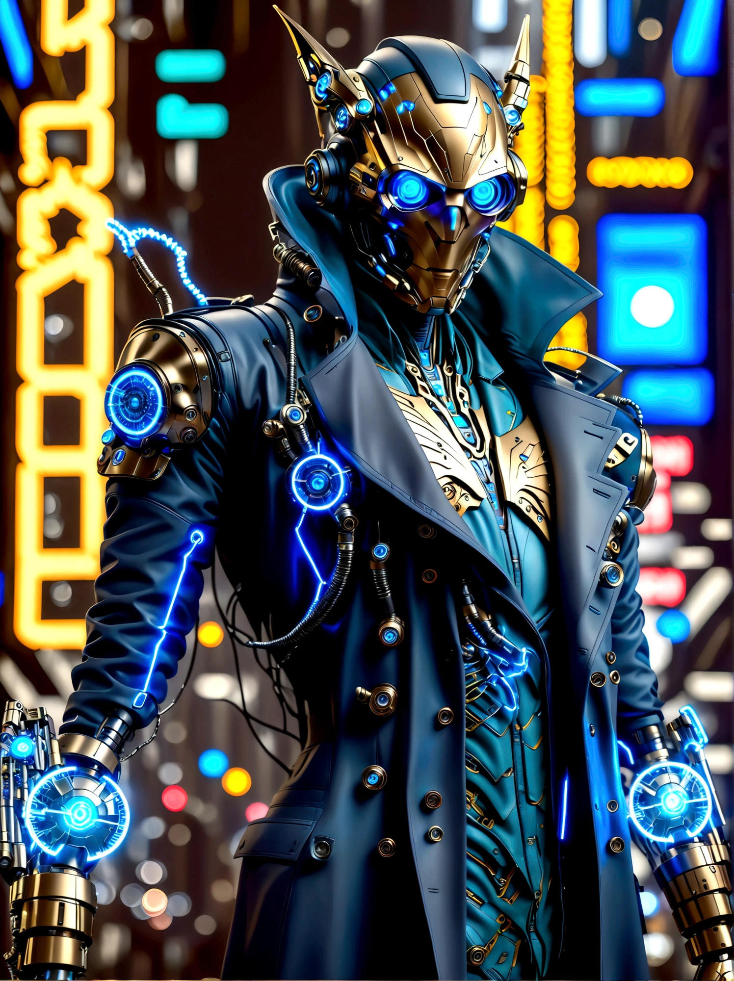 (best quality, 8k,highres,masterpiece:1.2), ultra-detailed, (realistic, photorealistic), Detective Gadget in a sleek black trench coat, standing confidently, showcasing advanced futuristic gadgets, electric blue accents on his gadgets, mechanical arms extending from his coat, sharp and determined eyes, futuristic cityscape in background, bokeh, studio lighting, sharp focus