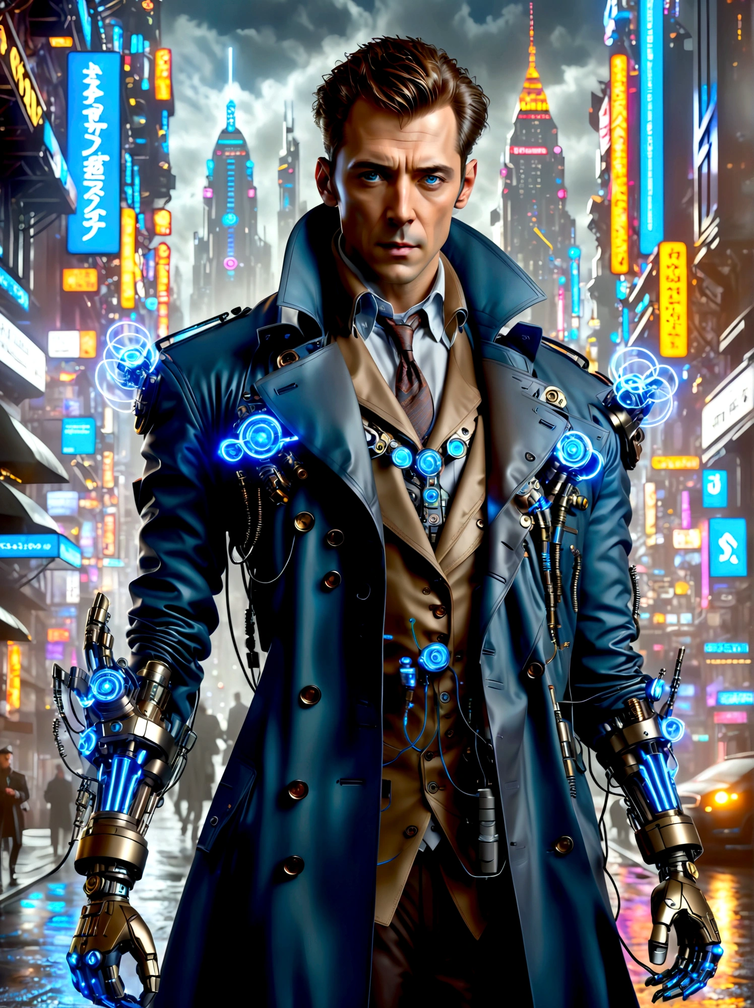 (best quality, 8k,highres,masterpiece:1.2), ultra-detailed, (realistic, photorealistic), Detective Gadget in a sleek black trench coat, standing confidently, showcasing advanced futuristic gadgets, electric blue accents on his gadgets, mechanical arms extending from his coat, sharp and determined eyes, futuristic cityscape in background, bokeh, studio lighting, sharp focus