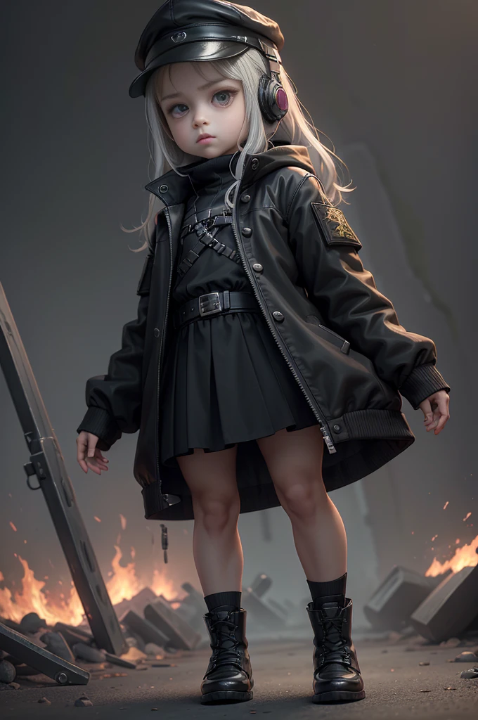 (High quality, high definition, historical masterpiece, realistic anime illustration) 1 girl, professional assassin girl (cute short beautiful girl, short, 5:1 body, silver long hair, yellow eyes, expressionless) (all black, black headphones, black trench coat: 1.8, miniature size black military cap, black military boots, all matte black) (holding a pink recorder in her hand) standing with her legs apart, night city, something burning behind her,