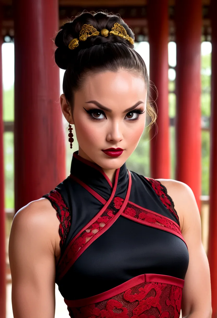 Tori Black asian ninja warrior, ringlets wavy five feet long black hair, updo hairstyle with ponytail on one side and long hairpins holding the bun, dark red glossy lips, heavy black eye shadow long black eyeliner, long sharp nails, black lace beautiful an...