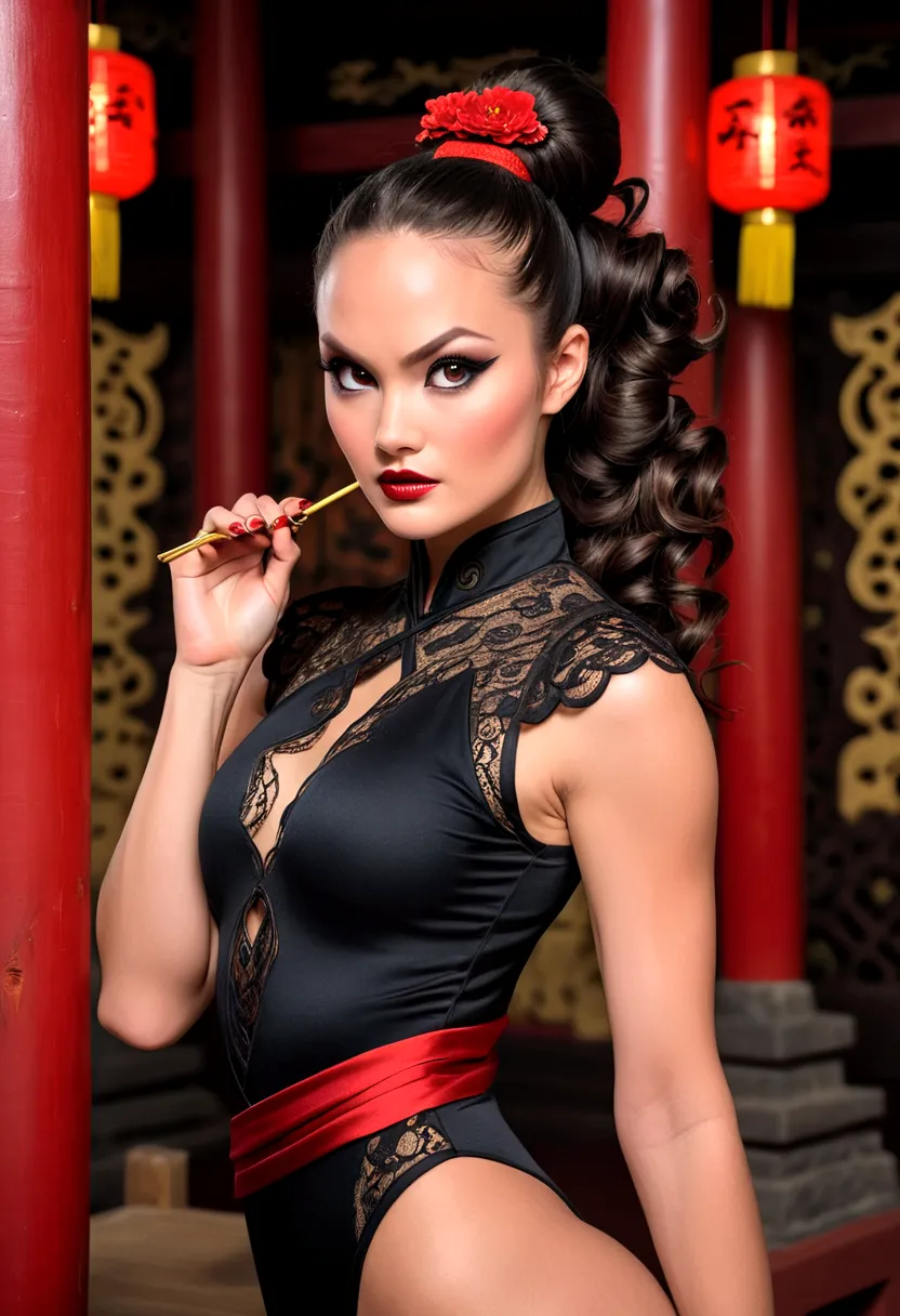 Tori Black asian ninja warrior, ringlets wavy five feet long black hair, updo hairstyle with ponytail on one side and long hairpins holding the bun, dark red glossy lips, heavy black eye shadow long black eyeliner, long sharp nails, black lace beautiful an...