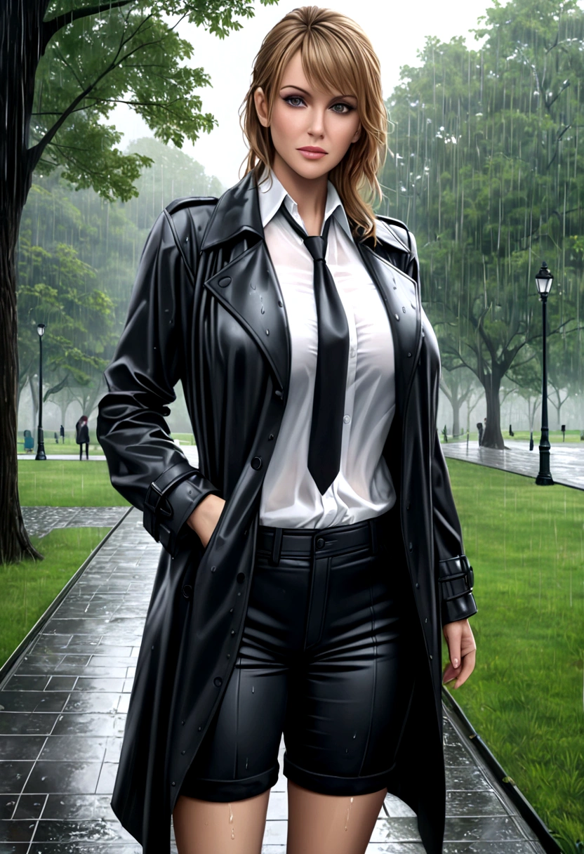 beautiful busty milf in Black Trench Coat, standing in a park, rainy day, photorealistic, masterpiece, full_body_shot, black miniskirt, wet sheer white shirts with tie,