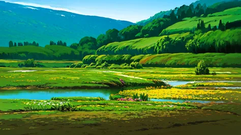 natural landscape with few trees and a small lake