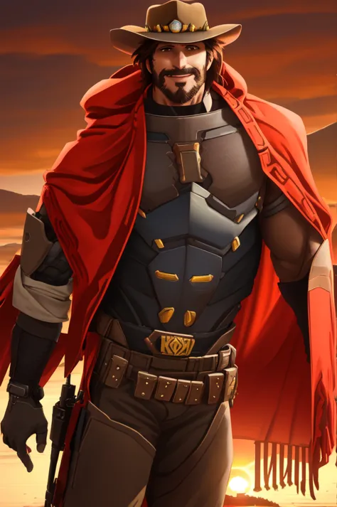 mccree, western setting, cowboy hat, red poncho, muscular, hunk, mechanical body, cybernetic right arm, cape, setting sun in bac...