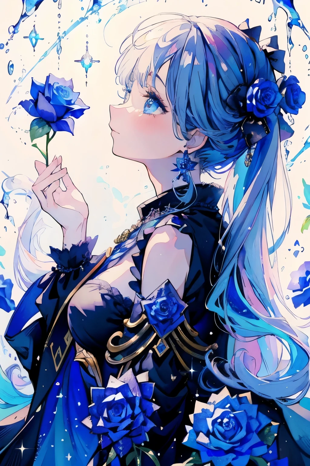 masterpiece, best quality, 4k, caustics, high details, sparkle, solo, 1girl, blue hair, long hair, blue eyes, blue rose, blue rose background