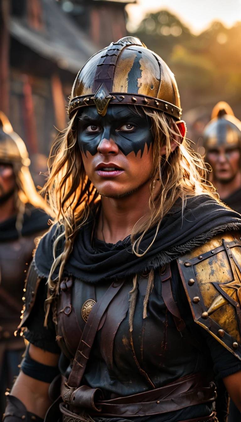 As the sun began to set, The warm golden color of the sun shone on his clothes, Viking warriors making shield wall with dark striped face paint, scary warrior face, battle cry, background dark, hyper realistic, ultra detailed hyper realistic, photorealistic, Studio Lighting, reflections, dynamic pose, Cinematic, Color Grading, Photography, Shot on 50mm lens, Ultra-Wide Angle, Depth of Field, hyper-detailed, beautifully color, 8k, golden light from the front,