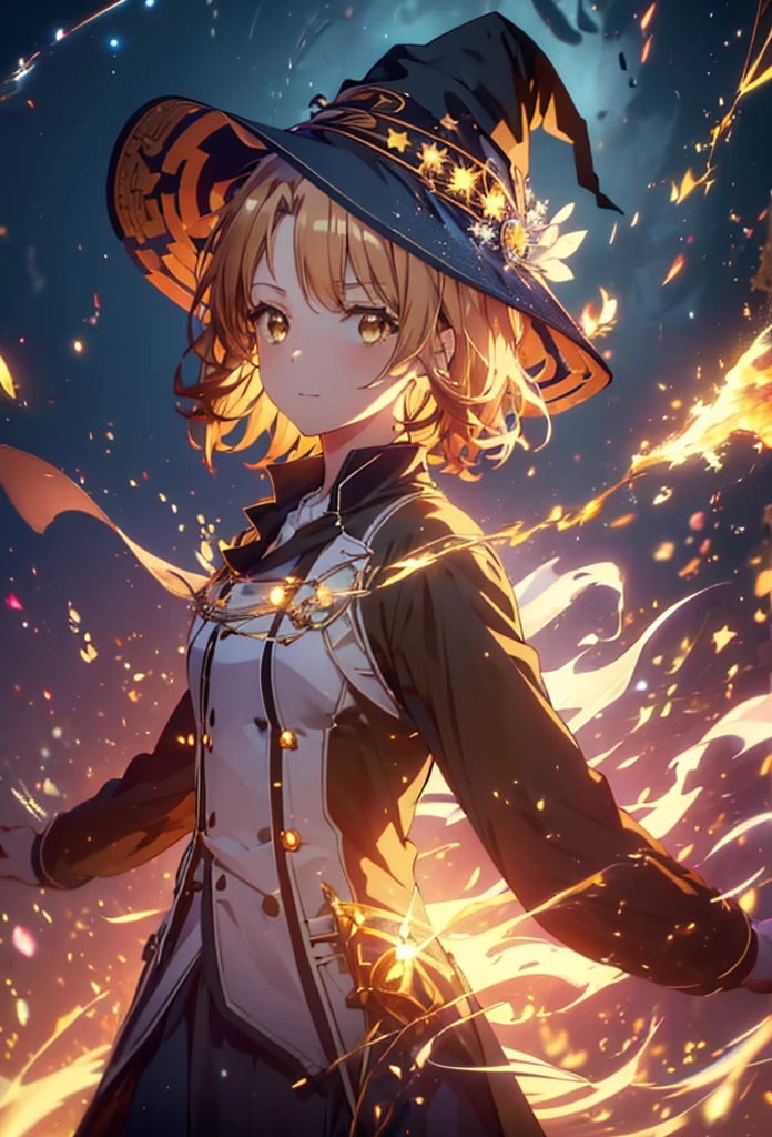 Irohaisshiki, isshiki iroha, short hair, Brown Hair, (Brown eyes:1.5), smile,((Night Sky)),火のwitch,Fluffy hair,((Idol style costume with soft volume)),Long skirt,((gorgeous wizard hat)),((witch)),(magic wand with a jewel on the tip),Explosive flame,
break outdoors, forest,forest
break looking at viewer,Upper Body,
break (masterpiece:1.2), Highest quality, High resolution, unity 8k wallpaper, (shape:0.8), (Narrow and beautiful eyes:1.6), Highly detailed face, Perfect lighting, Highly detailed CG, (Perfect hands, Perfect Anatomy),