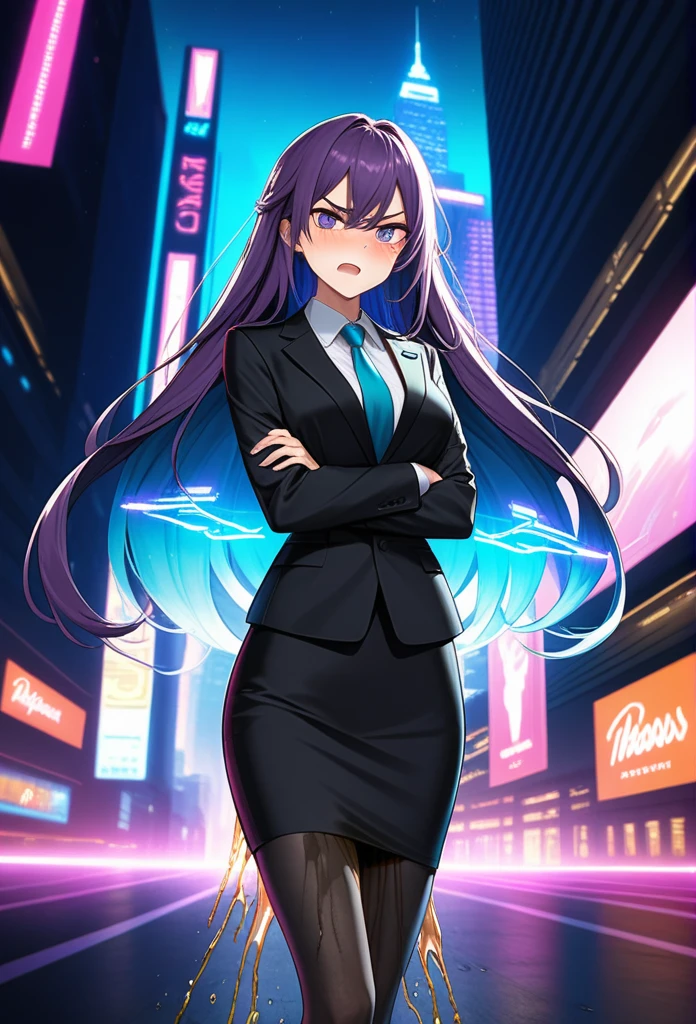 (high quality,Very detailed:1.37, High resolution), Woman, (very long hair:1.5), dark purple hair, purple eeyes, large breasts, (wetting herself:1.5), standing, business suit, necktie, (very long pencil skirt:1.5), pantyhose, (arms crossed:1.5), (embarrassed:1.5), (humiliation:1.5), (angry:1.25), (blushing:1.5), open mouth, Cyberpunk Style, Cyberpunk Cityscape, Neon Light, High-tech accessories, Meticulous details, (extremely detailed eys:1.37), Glowing LED pattern, Urban scenery, Futuristic elements, Mysterious Aura, ,Flying cars racing through the air, Holographic Advertising, Visually stunning architecture, Energetic and dynamic poses, Gives off a powerful aura, The cityscape reflected in her metallic eyes, Graceful movement amidst chaos, A moonlit sky with a futuristic hue, Pulsating Electronic Soundtrack, Enhanced Augmented Reality Overlays, Interacting with virtual objects in the environment