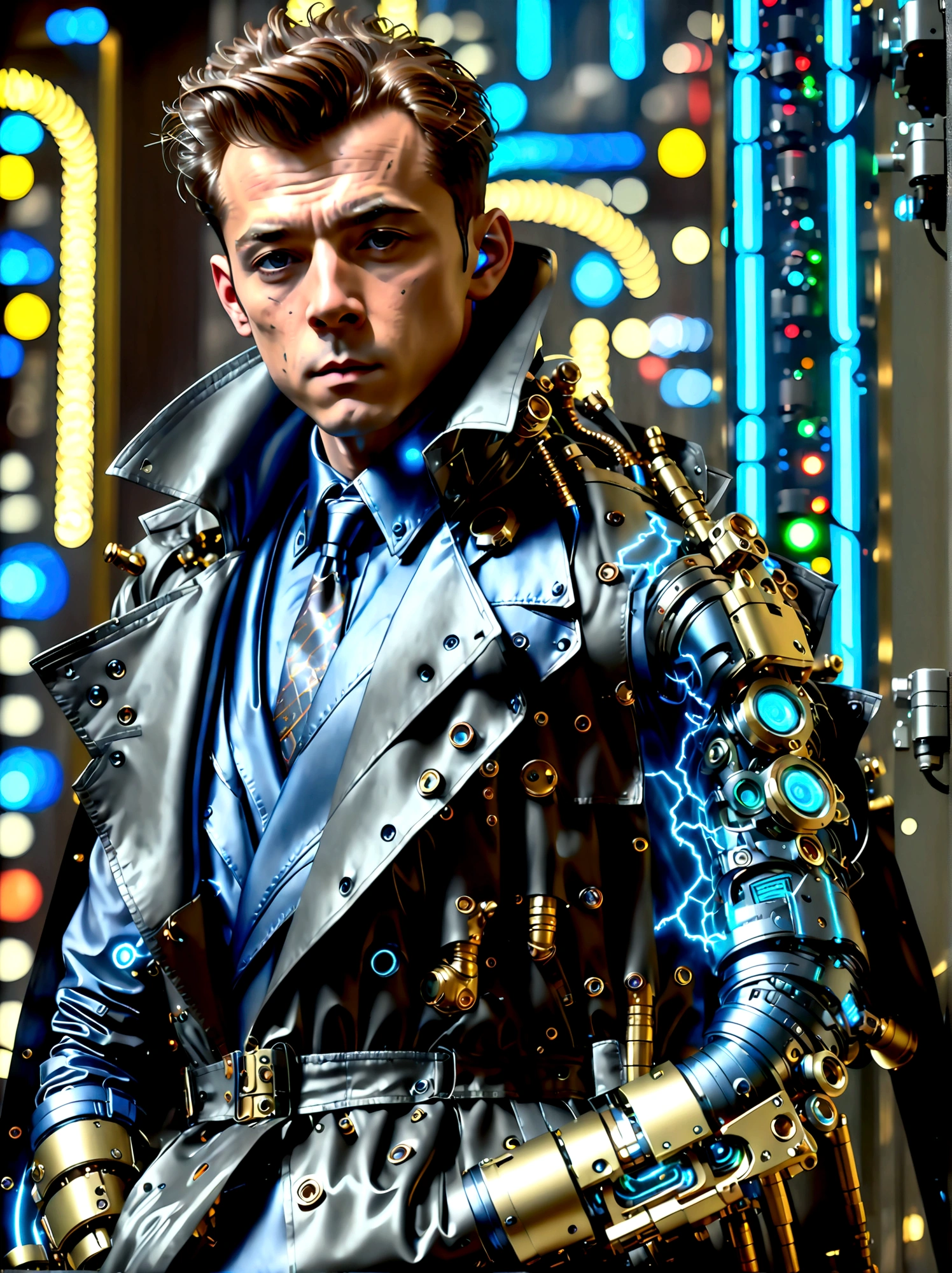 (best quality, 8k,highres,masterpiece:1.2), ultra-detailed, (realistic, photorealistic), (Detective Gadget in a sleek black trench coat:1.5), (Black trench coat of future technology:1.7), standing confidently, showcasing advanced futuristic gadgets, electric blue accents on his gadgets, mechanical arms extending from his coat, sharp and determined eyes, futuristic cityscape in background, bokeh, studio lighting, sharp focus