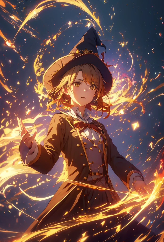 Irohaisshiki, isshiki iroha, short hair, Brown Hair, (Brown eyes:1.5), smile,((Night Sky)),火のwitch,Fluffy hair,((Idol style costume with soft volume)),Long skirt,((gorgeous wizard hat)),((witch)),(magic wand with a jewel on the tip),Explosive flame,
break outdoors, forest,forest
break looking at viewer,Upper Body,
break (masterpiece:1.2), Highest quality, High resolution, unity 8k wallpaper, (shape:0.8), (Narrow and beautiful eyes:1.6), Highly detailed face, Perfect lighting, Highly detailed CG, (Perfect hands, Perfect Anatomy),