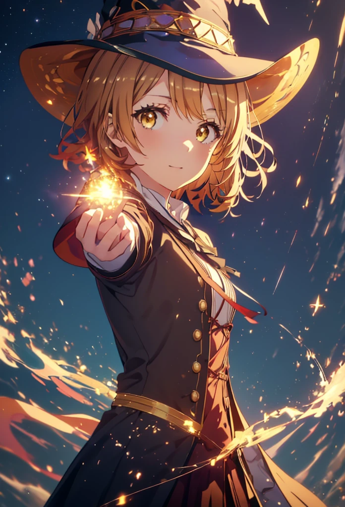 Irohaisshiki, isshiki iroha, short hair, Brown Hair, (Brown eyes:1.5), smile,((Night Sky)),火のwitch,Fluffy hair,((Idol style costume with soft volume)),Long skirt,((gorgeous wizard hat)),((witch)),(magic wand with a jewel on the tip),Explosive flame,
break outdoors, forest,forest
break looking at viewer,Upper Body,
break (masterpiece:1.2), Highest quality, High resolution, unity 8k wallpaper, (shape:0.8), (Narrow and beautiful eyes:1.6), Highly detailed face, Perfect lighting, Highly detailed CG, (Perfect hands, Perfect Anatomy),