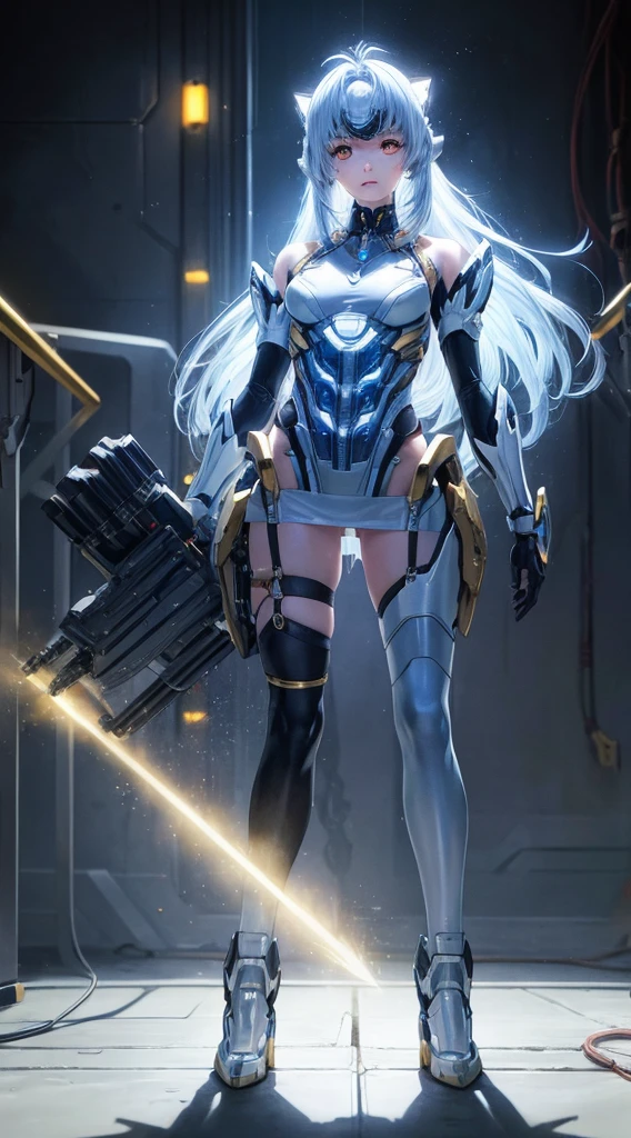 top-quality、​masterpiece、超A high resolution、(Photorealsitic:1.4)、女の子1人、Light blue hair、Straight hair, shiny and clean hair、White shiny skin、Sexy Cyberpunk Girl、((super realistic details))、Shadow、octan render、ultrasharp、hyperdetailed face、Fiberglass、Luminous tube、highly intricate detail、Realistic light、CGSoation Trends、((Golden Eyes))、(Facing the camera)、neon details、Mechanical limbs、Mechanical vertebrae attached to the back、mechanical cervical attaching to neck、Wires and cables connecting to the head、((valkyrie))、((Beam Cannon))、Combat stance