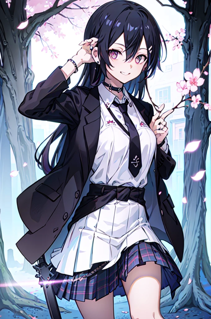 masterpiece, best quality,  full body,
1girl, bangs, black choker, black necktie, black hair, blue skirt, blush, bracelet, breasts, choker, clothes around waist, collarbone, collared shirt, cowboy shot, dress shirt, ear piercing, eyebrows visible through hair, gradient hair, grin, gyaru, jewelry, kogal, long hair, looking at viewer, loose necktie, necktie, piercing, plaid, plaid skirt, pleated skirt, red eyes, ring, school uniform, shirt, skirt, smile, solo, white shirt,
street, sky, cherry blossoms, petals,illustration, (magazine:1.3), (cover-style:1.3), fashionable, woman, vibrant, outfit, posing, front, colorful, dynamic, background,  elements, confident, expression, holding, statement, accessory, majestic, coiled, around, Touch, scene, Text, cover, bold, attention-grabbing, title, stylish, Font, catchy, headline, larger, striking, modern, trendy, focus, fashion,Female Kirito、Long hair、stocking