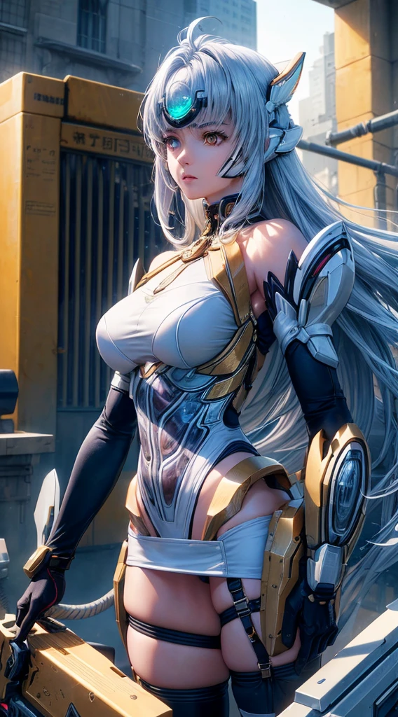 top-quality、​masterpiece、超A high resolution、(Photorealsitic:1.4)、女の子1人、Light blue hair、Straight hair, shiny and clean hair、White shiny skin、Sexy Cyberpunk Girl、((super realistic details))、Shadow、octan render、ultrasharp、hyperdetailed face、Fiberglass、Luminous tube、highly intricate detail、Realistic light、CGSoation Trends、((Golden Eyes))、(Facing the camera)、neon details、Mechanical limbechanical vertebrae attached to the back、mechanical cervical attaching to neck、Wires and cables connecting to the head、((valkyrie))、((Beam Cannon))、Combat stance