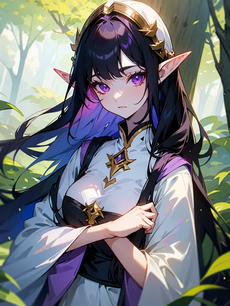 young woman, elf, druid, black hair,  purple eyes, White skin ,  cute