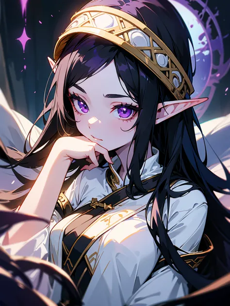 young woman, elf, druid, black hair,  purple eyes, White skin ,  cute