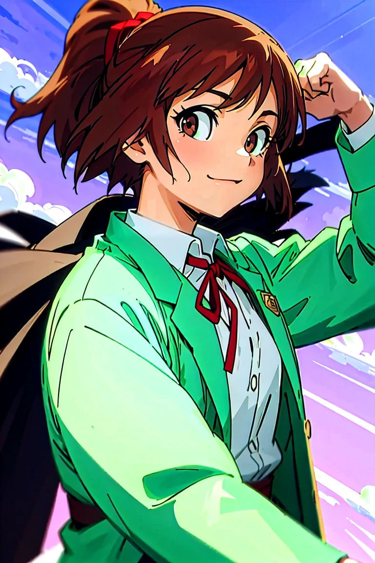 (masterpiece, best quality:1.2), samidare asahina, 1girl, brown eyes, brown hair, jacket, long sleeves, neck ribbon, ocean, red sky, dawn, ponytail, red ribbon, ribbon, rose garden, shirt, short hair, solo, white shirt, (anime, high details, super detail:1.55)