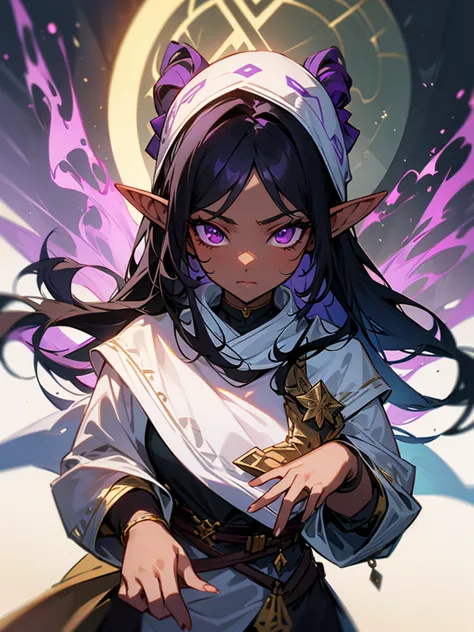 young woman, elf, druid, black hair,  purple eyes, dark skin ,  cute