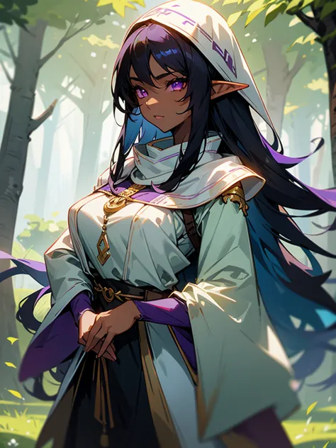 young woman, elf, druid, black hair,  purple eyes, dark skin ,  cute