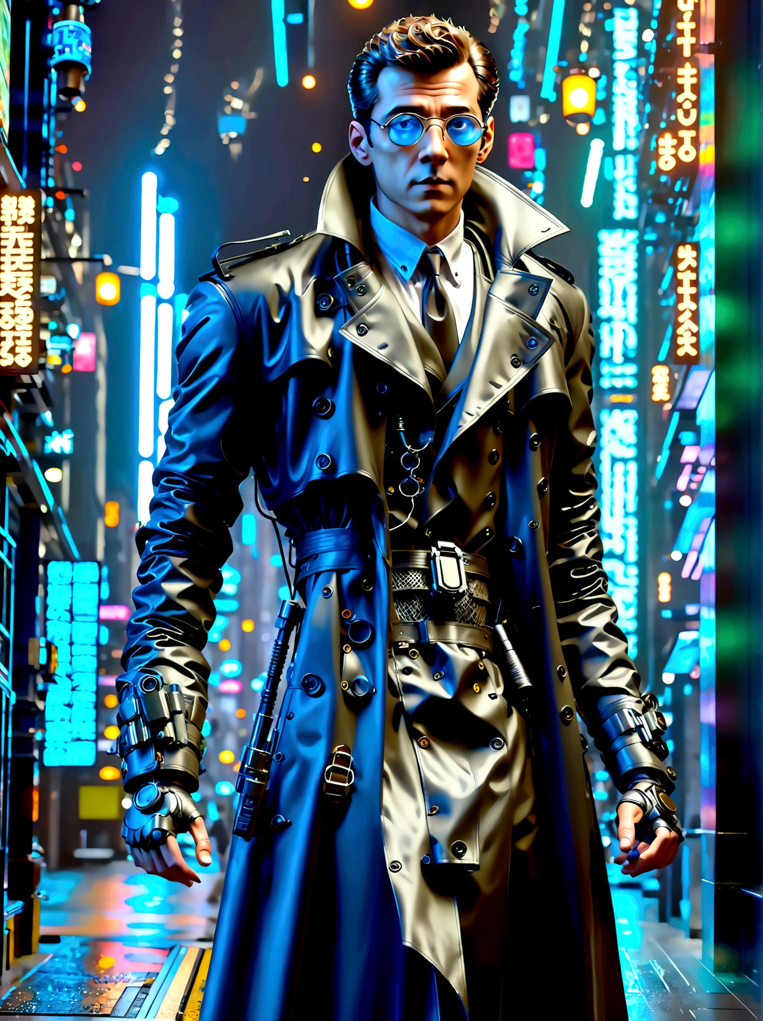 (melhor qualidade, 8K,alta resolução,Obra de arte:1.2), ultra-detalhado, (realista, photorealista), (Detective Gadget em um casaco preto elegante:1.5), (casaco preto:1.7), de pé com confiança, apresentando gadgets futuristas avançados, detalhes em azul elétrico em seus gadgets, braços mecânicos estendendo-se de seu casaco, olhos afiados e determinados, paisagem urbana futurista ao fundo, bokeh, iluminação de estúdio, foco nitído