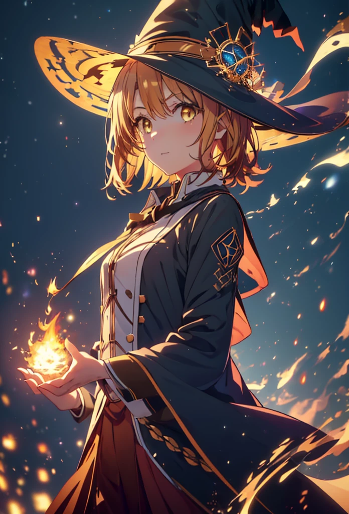 Irohaisshiki, isshiki iroha, short hair, Brown Hair, (Brown eyes:1.5), smile,((Night Sky)),火のwitch,Fluffy hair,((Idol style costume with soft volume)),Long skirt,((gorgeous wizard hat)),((witch)),Explosive Flame,
break outdoors, forest,forest
break looking at viewer,Upper Body,
break (masterpiece:1.2), Highest quality, High resolution, unity 8k wallpaper, (shape:0.8), (Narrow and beautiful eyes:1.6), Highly detailed face, Perfect lighting, Highly detailed CG, (Perfect hands, Perfect Anatomy),