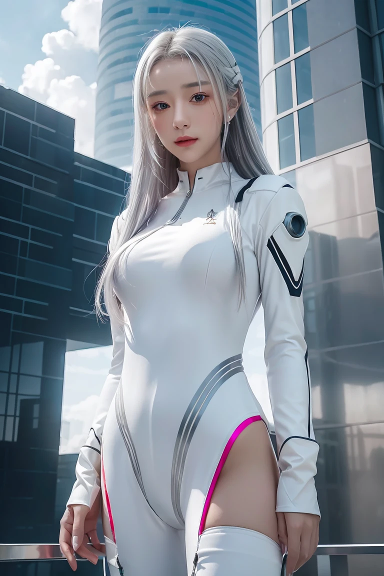 ((masterpiece, best quality, extremely detailed), volumetric lighting, ambient occlusion, colorful, glowing), 
1girl, solo, young girl, (silver hair), long hair, halo, aura, sacred, goddess, cyber suit, (white outfit:1.3), 
outdoors, sunset, sky, clouds, space, (cyberpunk theme:1.2),