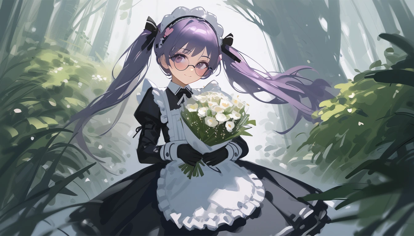 Ciloranko,  wlop, 1girl,  solo,  flower,  bouquet,  purple eyes,  maid headdress,  looking at viewer,  maid,  apron,  full body, long hair, twintails,  holding,  white background,  long sleeves,  holding bouquet,  dress,  bow,  juliet sleeves,  puffy sleeves,  blush,  Spring Flowering Forest, parted lips,  frills,  ribbon,  two side up,  hair bow,  maid apron one girl, super high quality, Super Detail, Super Detailed image, long hair, looking at viewer, skirt, shirt, hair ornament, violet eyes,black gloves, round glasses, long sleeves,violet hair, round glasses, Flat Chest, smile