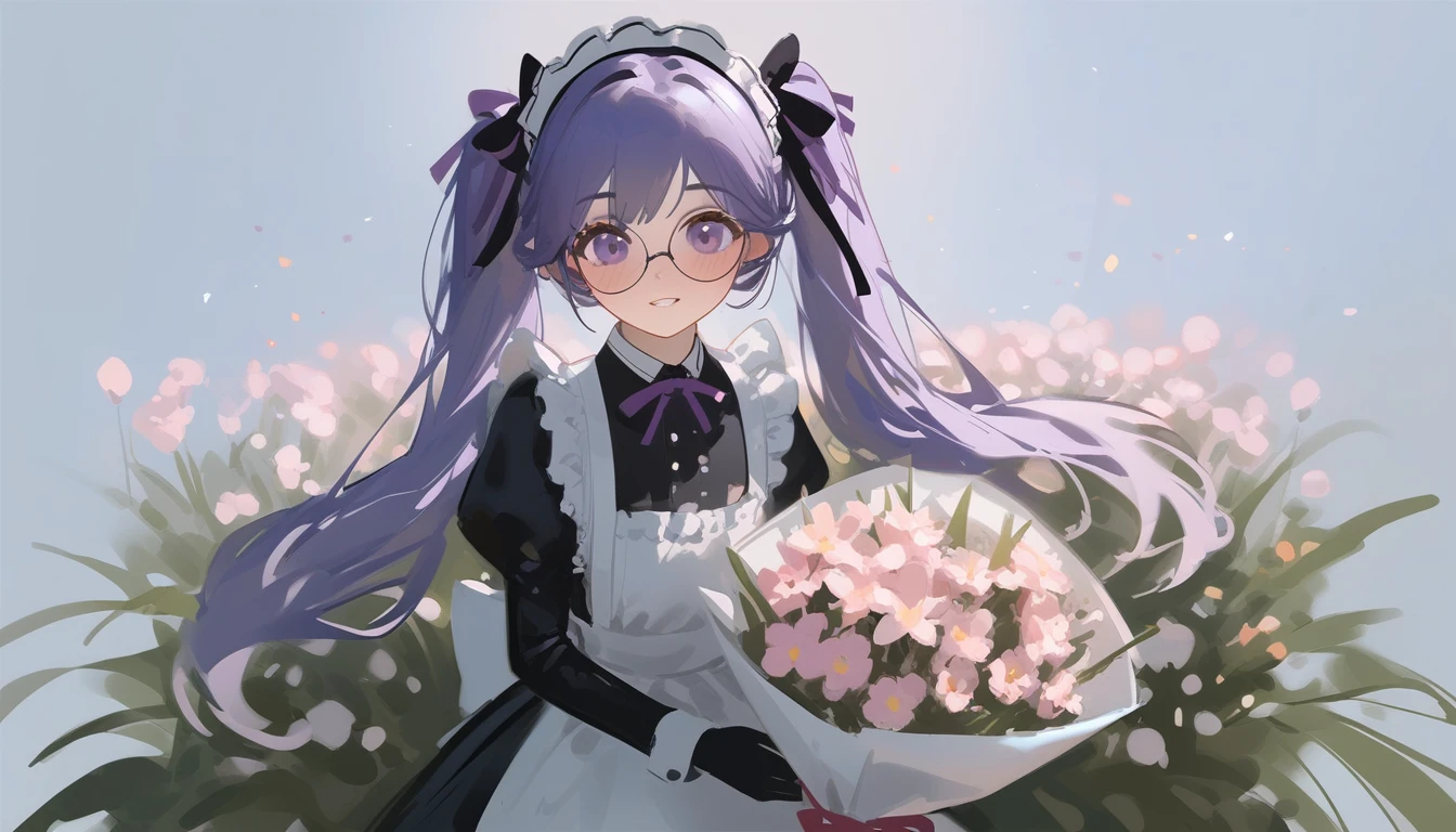 Ciloranko,  wlop, 1girl,  solo,  flower,  bouquet,  purple eyes,  maid headdress,  looking at viewer,  maid,  apron,  full body, long hair, twintails,  holding,  white background,  long sleeves,  holding bouquet,  dress,  bow,  juliet sleeves,  puffy sleeves,  blush,  Spring Flowering Forest, parted lips,  frills,  ribbon,  two side up,  hair bow,  maid apron one girl, super high quality, Super Detail, Super Detailed image, long hair, looking at viewer, skirt, shirt, hair ornament, violet eyes,black gloves, round glasses, long sleeves,violet hair, round glasses, Flat Chest, smile