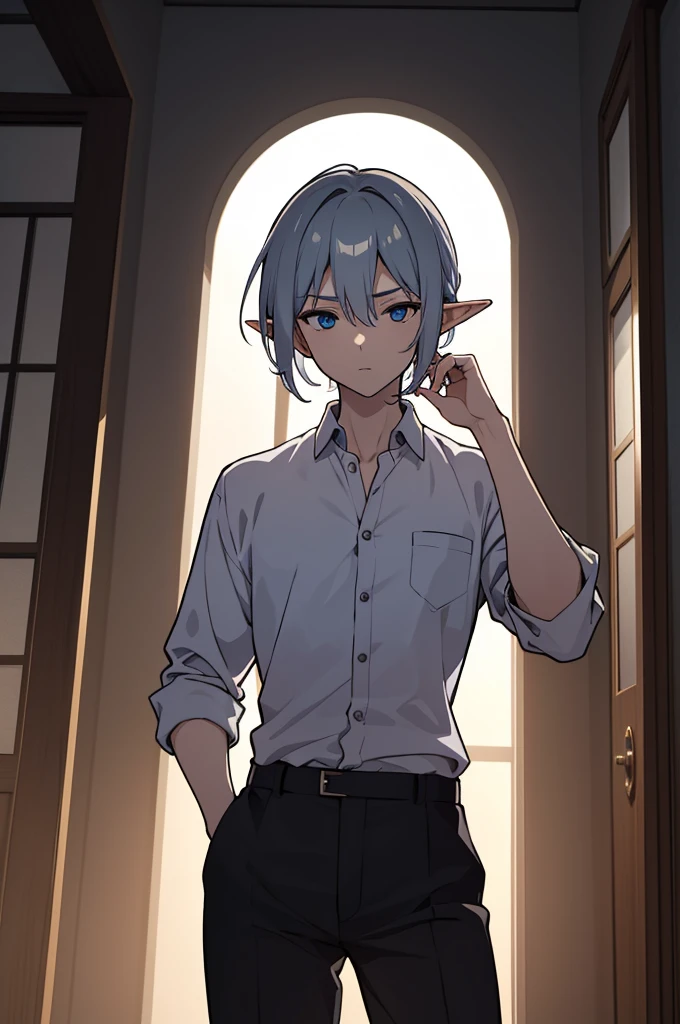 1 anime male elf with deep blue eyes, Light silver long hair, Wearing a white collared shirt and slacks, dramatic cinematic lighting, Gloomy atmosphere, Intricate details, Fantasy, dramatic, Japanese architecture, Very detailed, (Highest quality,4K,8K,High resolution,masterpiece:1.2),Very detailedな,High resolution,超High resolution,Studio Lighting,Ultra-fine painting,Very detailed説明,Vibrant colors,Handsome,Thin arms