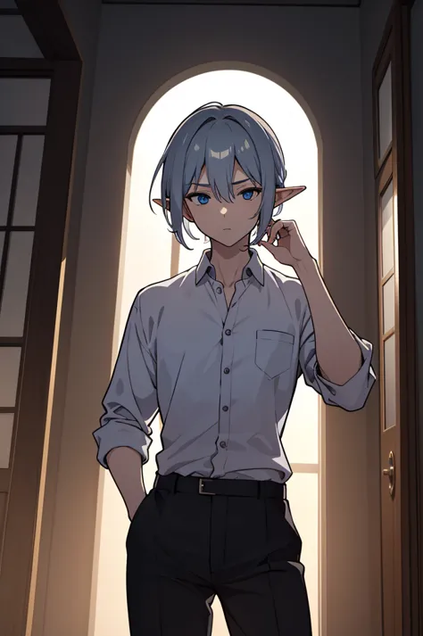 1 anime male elf with deep blue eyes, light silver long hair, wearing a white collared shirt and slacks, dramatic cinematic ligh...