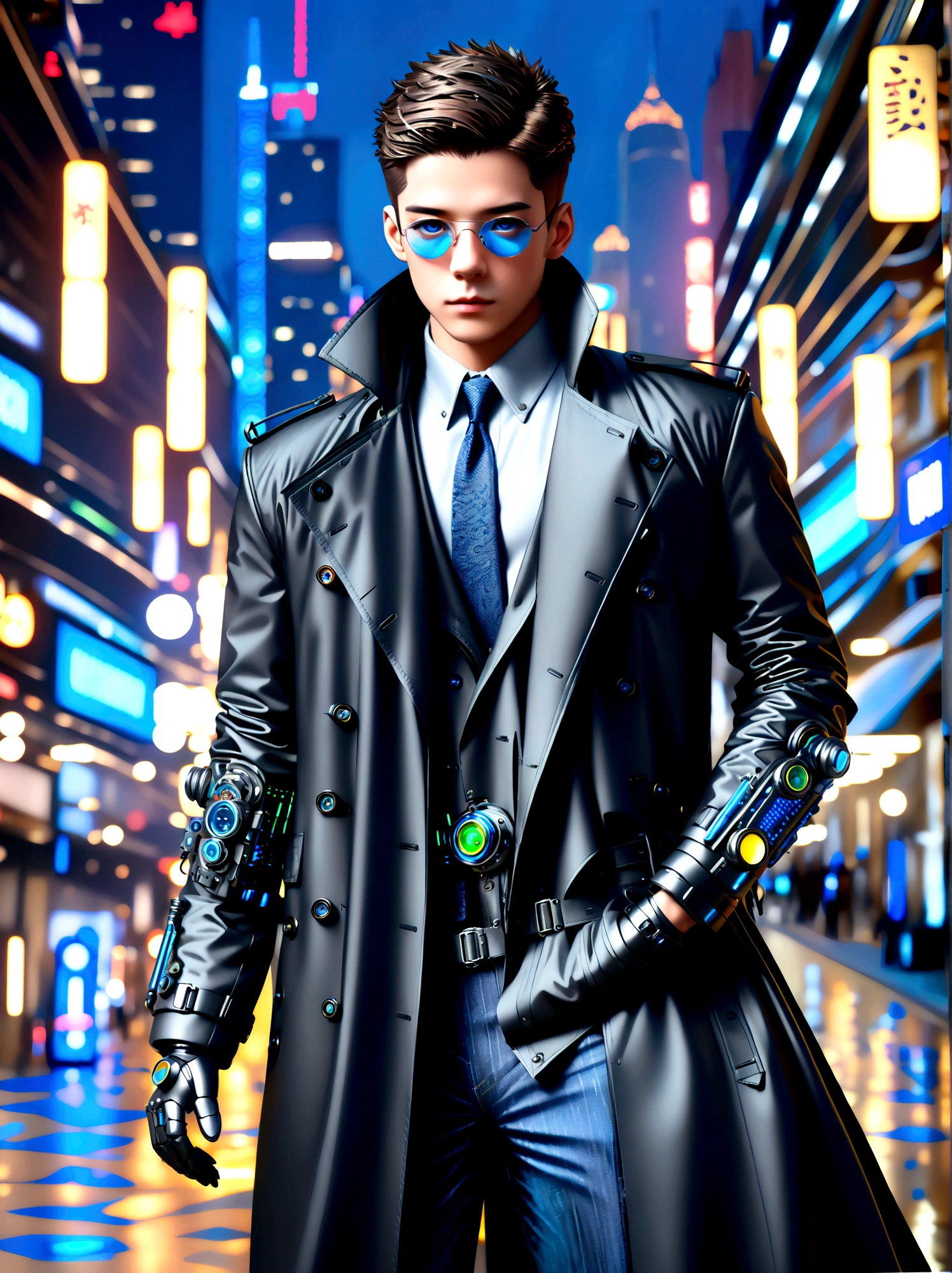 (beste Qualität, 8k,highres,Meisterwerk:1.2), ultra-detailliert, (Realistisch, photoRealistisch), (Detective Gadget im eleganten schwarzen Trenchcoat:1.5), (Schwarzer Trenchcoat:1.7), selbstbewusst stehen, Präsentation moderner futuristischer Gadgets, elektrische blaue Akzente auf seinen Gadgets, mechanische Arme, die aus seinem Mantel ragen, scharfe und entschlossene Augen, futuristisches Stadtbild im Hintergrund, bokeh, Studiobeleuchtung, scharfer Fokus