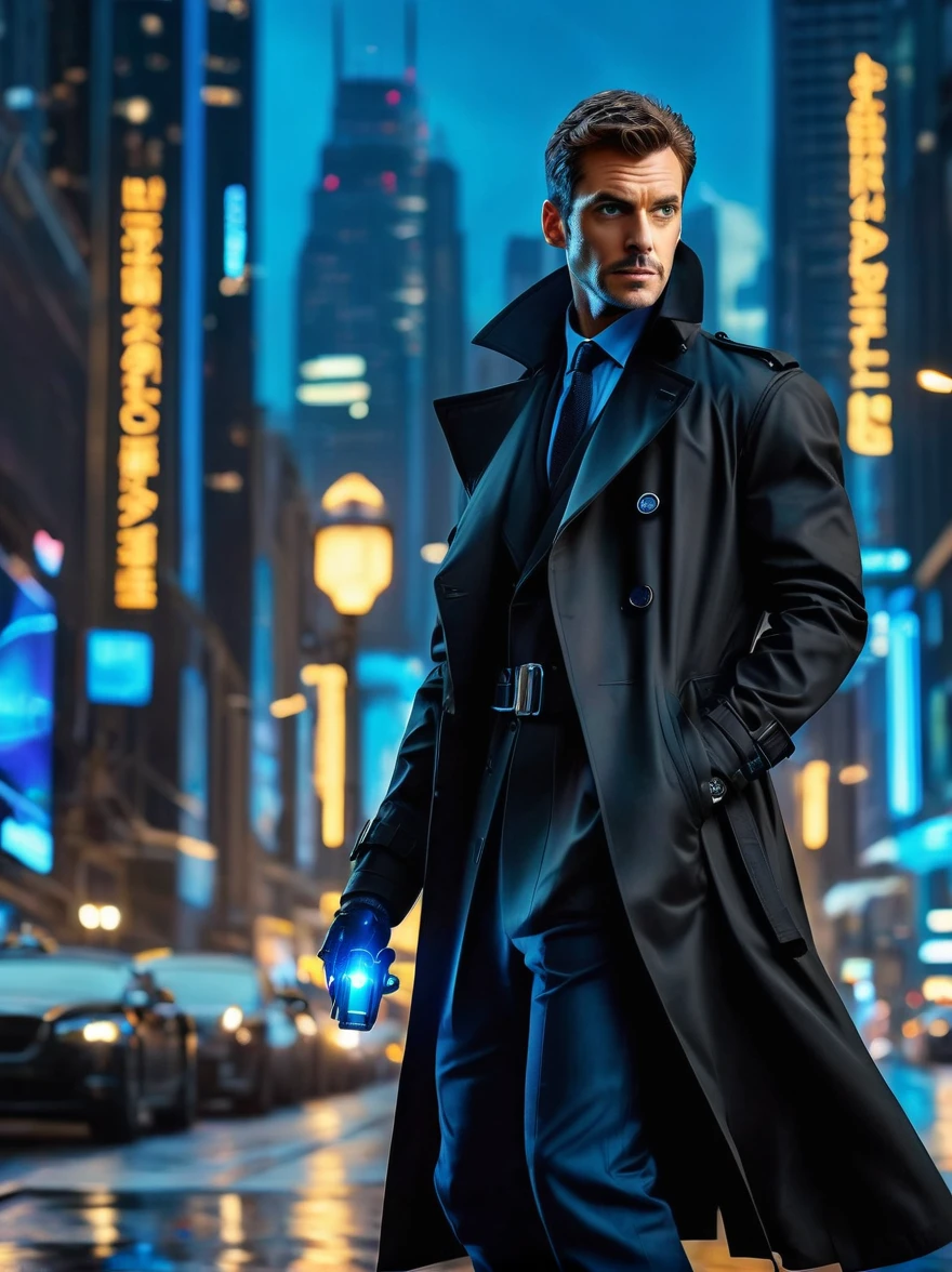 (best quality, 8k,highres,masterpiece:1.2), ultra-detailed, (realistic, photorealistic), (Detective Gadget in a sleek black trench coat:1.5), (Black trench coat:1.7), standing confidently, showcasing advanced futuristic gadgets, electric blue accents on his gadgets, mechanical arms extending from his coat, sharp and determined eyes, futuristic cityscape in background, bokeh, studio lighting, sharp focus