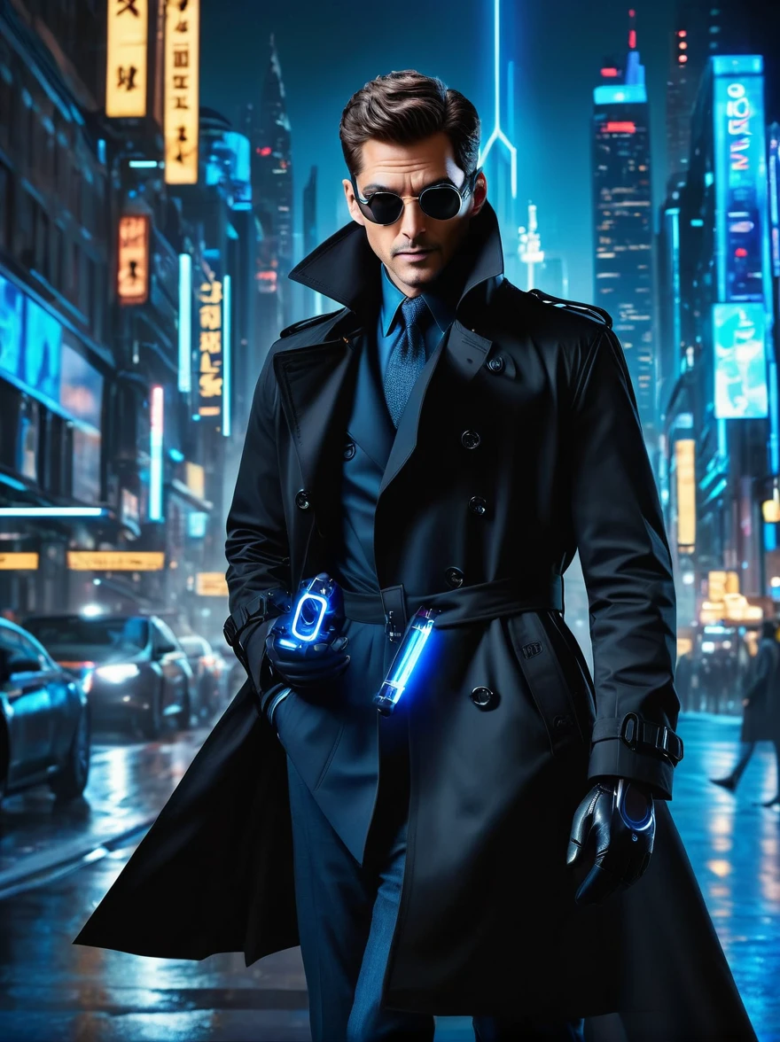 (meilleure qualité, 8k,haute résolution,chef-d&#39;œuvre:1.2), Ultra-détaillé, (réaliste, photoréaliste), (Détective Gadget dans un élégant trench-coat noir:1.5), (trench noir:1.7), debout en toute confiance, présentant des gadgets futuristes avancés, accents bleu électrique sur ses gadgets, bras mécaniques s&#39;étendant de son manteau, des yeux perçants et déterminés, paysage urbain futuriste en arrière-plan, bokeh, éclairage de studio, netteté