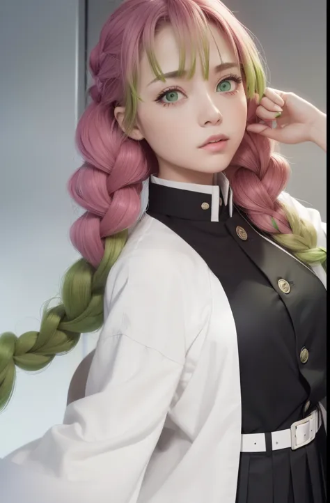 MitsuriKanroji, Mitsuri Kanroji, Braiding, Gradient Hair, (Green Eyes:1.5), Green Hair, Long Hair, Mole,  Mole under eye, Multic...