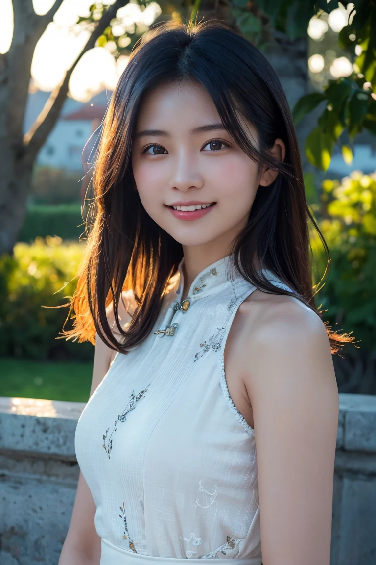 A realistic portrait of a young Asian woman with a natural smile, soft lighting, and warm evening sunlight. The background is an outdoor setting with a gentle sunset glow. The image should capture her youthful features and the serene atmosphere of the moment. High detail, high resolution, and photorealistic style. ((China dress))、((Upper Body:1.3))