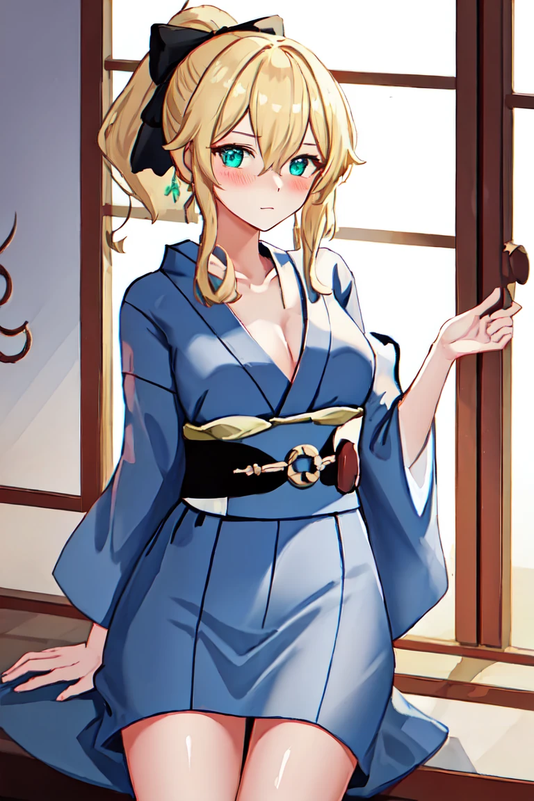 Highest quality, masterpiece, High resolution, alone, {yukata:1.40}, {kimono:1.20}, {Jean_Genshin Impact:1.15}, blonde_hair, green_eye, 前hair, ponytail, length_hair, Side Lock, chest, hair_between_eye, bow, hair_bow, blush, big_chest