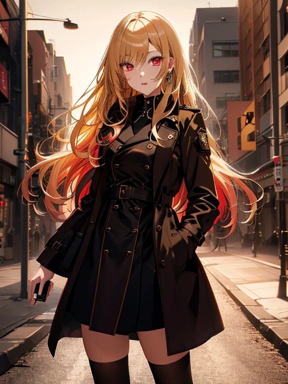 trench noir, (chef-d&#39;œuvre), la plus haute qualité, marin de kitagawa, 1fille, cheveux blond, cheveux longs, Cheveux multicolores, les yeux rouges, bijoux, UHD, rétine, chef-d&#39;œuvre, précis, anatomiquement correct, Peau texturée, super détail, détails élevés, haute qualité, meilleure qualité, haute résolution, 4K