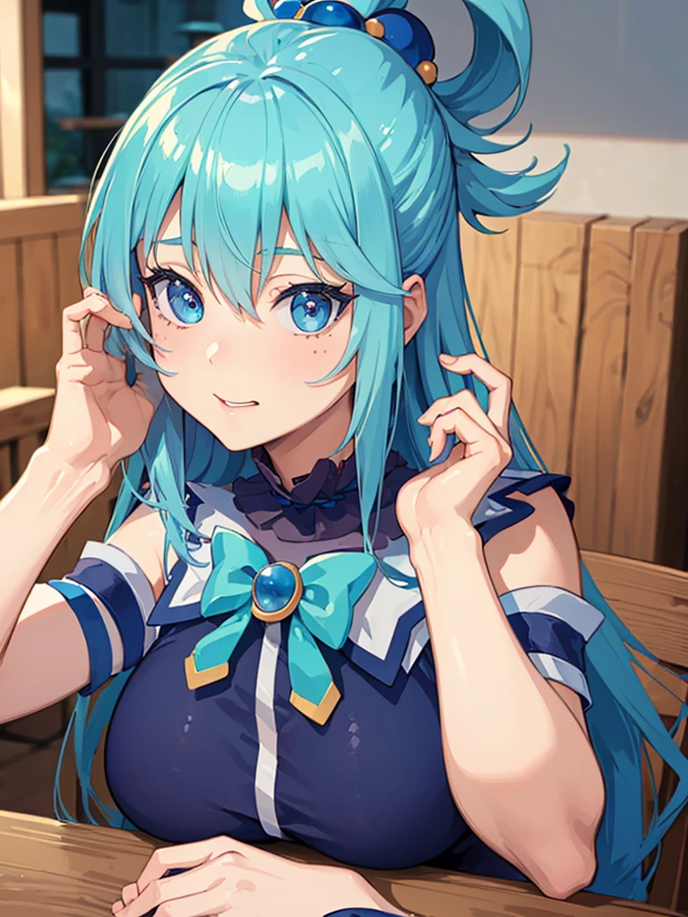 ((masterpiece)), ((Best quality)), (ultra detailed), ((kawaii)), Cute, (Beautiful), ((sexual)), ((extremely detailed)), 4K, (8 thousand.), Best quality, (Beautiful), illustration, 1 girl, Aqua Konosuba, Highly detailed face and skin texture, detailed eyes, looks at the viewer 