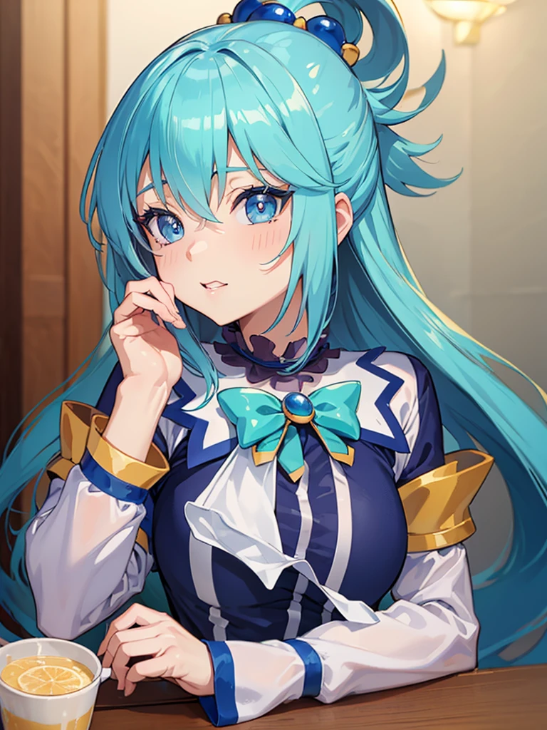 ((masterpiece)), ((Best quality)), (ultra detailed), ((kawaii)), Cute, (Beautiful), ((sexual)), ((extremely detailed)), 4K, (8 thousand.), Best quality, (Beautiful), illustration, 1 girl, Aqua Konosuba, Highly detailed face and skin texture, detailed eyes, looks at the viewer 