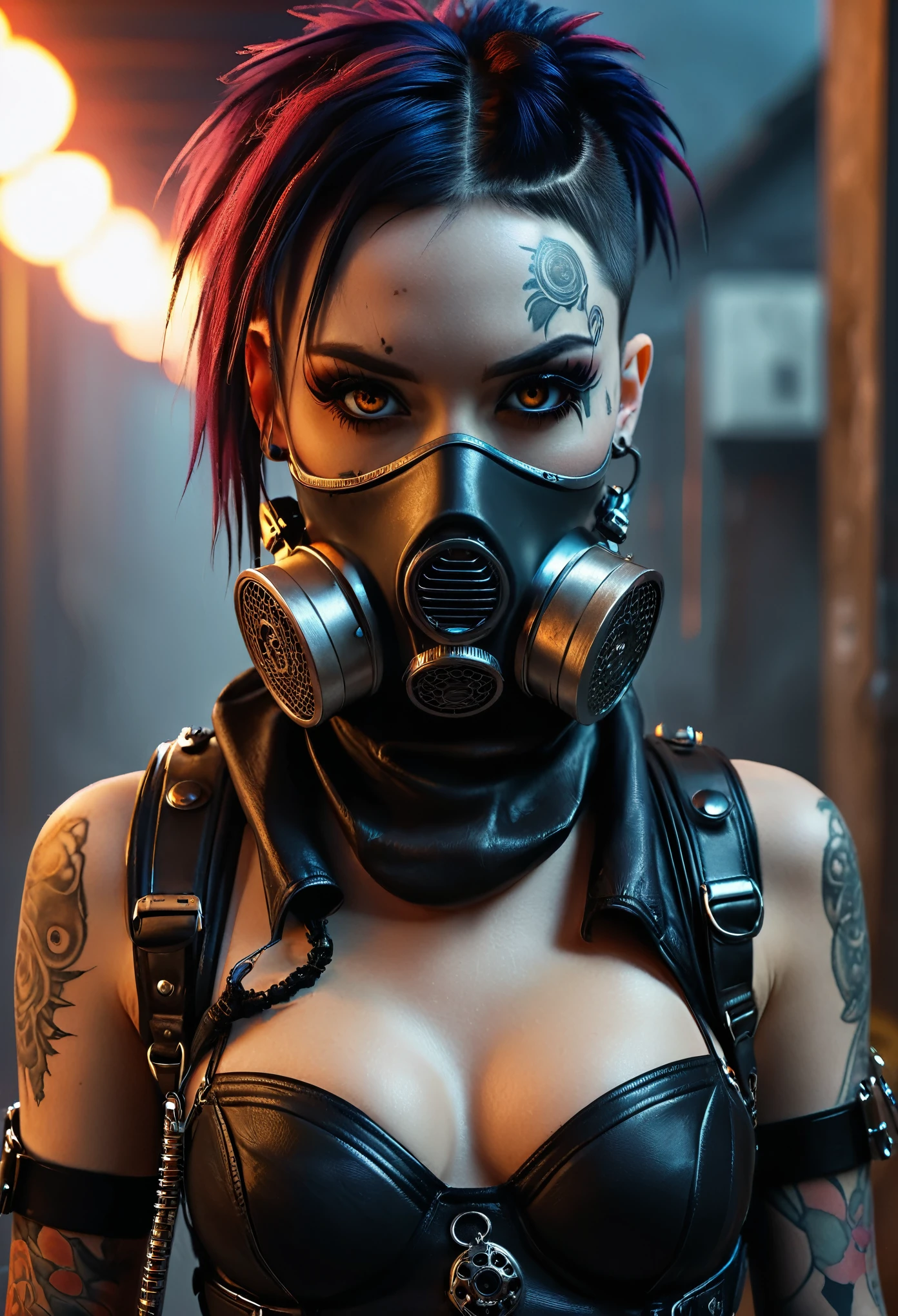 Portrait de mode de rue Cybergoth dans un style anime d&#39;horreur hyper réaliste, Prise de vue complète du corps, femme aux traits exagérés, orné d&#39;accessoires Cyberpunk, se tient avec un défi agressif, grimace gravée sur son visage, orné de tatouages granuleux, Influence de Kelley Jones, Grands oculaires, imposant masque à gaz, étui présent, baigné dans un éclairage dramatique en cascade inspiré de Richard Phillips, peinture numérique accentuant les tons chauds, visage méticuleusement détaillé et clairement mis au point, anatomie précise ultra-réaliste avec une mise au point claire et détaillée sur son beau visage, Contraste élevé, Cinématique. haute résolution, haute qualité , chef-d&#39;œuvre