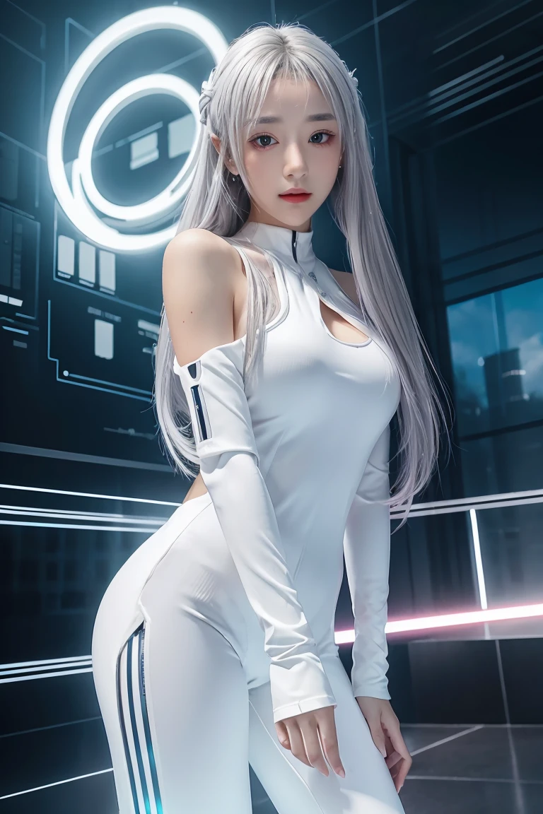 ((masterpiece, best quality, extremely detailed), volumetric lighting, ambient occlusion, colorful, glowing), 
1girl, solo, young girl, (silver hair), long hair, halo, aura, sacred, goddess, cyber suit, (white outfit:1.3), 
outdoors, sunset, sky, clouds, space, (cyberpunk theme:1.2),