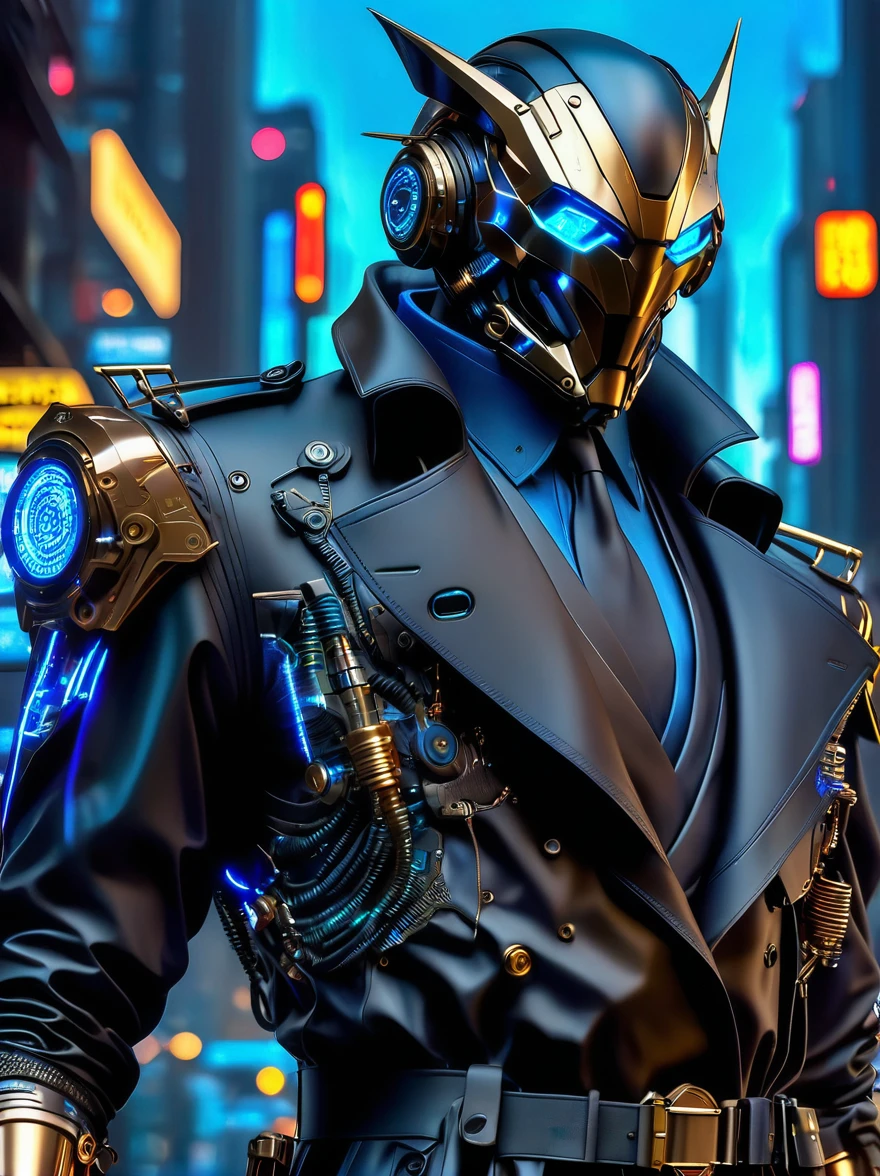 (best quality, 8k,highres,masterpiece:1.2), ultra-detailed, (realistic, photorealistic), (Detective Gadget in a sleek black trench coat:1.5), (Black trench coat:1.7), standing confidently, showcasing advanced futuristic gadgets, electric blue accents on his gadgets, mechanical arms extending from his coat, sharp and determined eyes, futuristic cityscape in background, bokeh, studio lighting, sharp focus