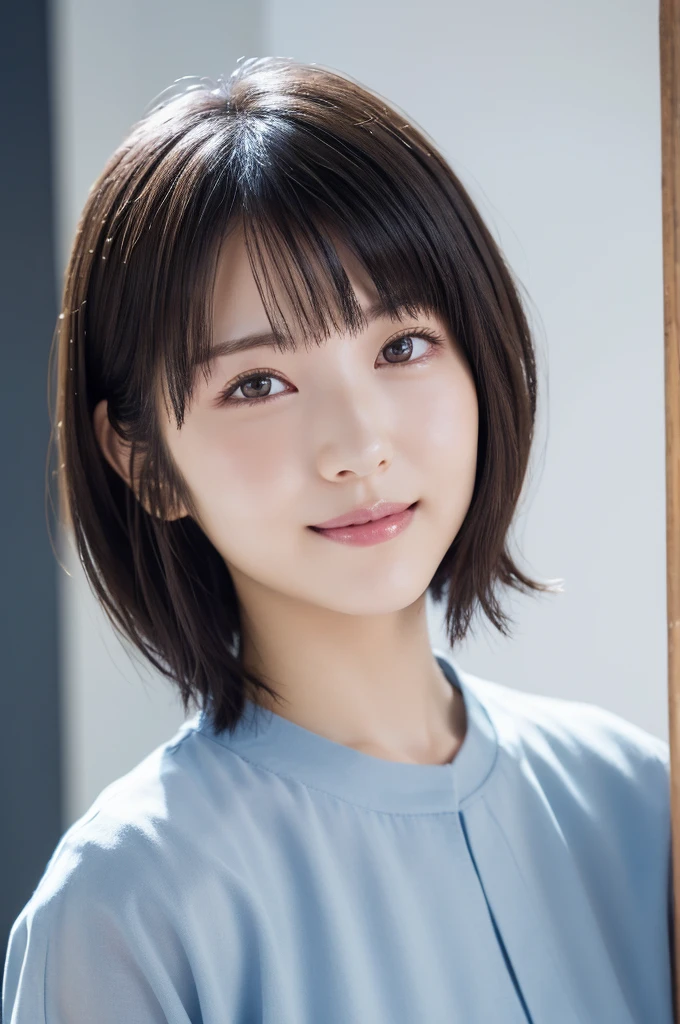 (Super beautiful girl:1.2), A neat and clean woman, masterpiece, Highest quality, Great Skin, Delicate face, A cool smile, Young Face, Clean look, Twinkle Eyes, double eyelid, Ample breasts、 ((High resolution)), ((Highly detailed CG Unity 8k wallpaper)), short hair, bangs, Elegant rounded bob, Face is angled and looking straight ahead、 Portrait of a woman in light blue clothes, captivating and mesmerizing, Dimly lit room, sentimental、