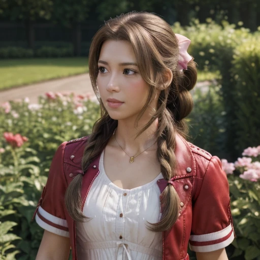 Ultra-high resolution, (masterpiece, Highest quality), Aerith Gainsborough, (One beautiful girl, alone:1.1), (hair, long hair, brown hair, dutch hair, Single Ponytail, Braidinged ponytail, bow, ribbon, hair bow, ponytail ribbon, big ribbon), (eye, (Big eye:1.2), green eye), jewelry, necklace, (chest, Natural chest,( Big chest:1.2)), Braiding, flower, Side Lock, lips, parted lips, bracelet, (Jacket, Red Jacket, Open Jacket, Short sleeve, cropped Jacket), (dress, Long dress, Pink dress, Vnack), Written boundary depth, white flower, Realistic, nose, (shot, full-body shot, cowboy shot), garden, blossoming garden, Natural Light Portrait, Looking to the side,Angry face、Hands are tied tightly behind、The body is tightly bound with rope、