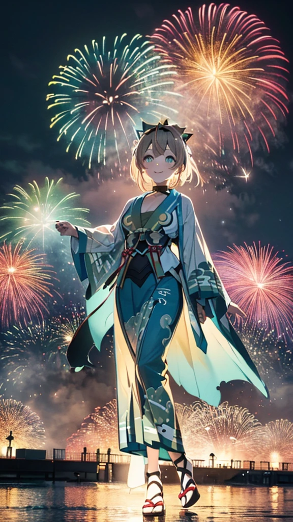 (masterpiece, Highest quality, Super detailed),One girl,((super fine illustration)),((cute eyes,highly detailed skin)),((smile)),(well endowed,Blessed,Captivating body、Detailed Background)、((Blue yukata、Blue kimono)),firework,(大量のfirework,Night view,Ocean)、Festivals