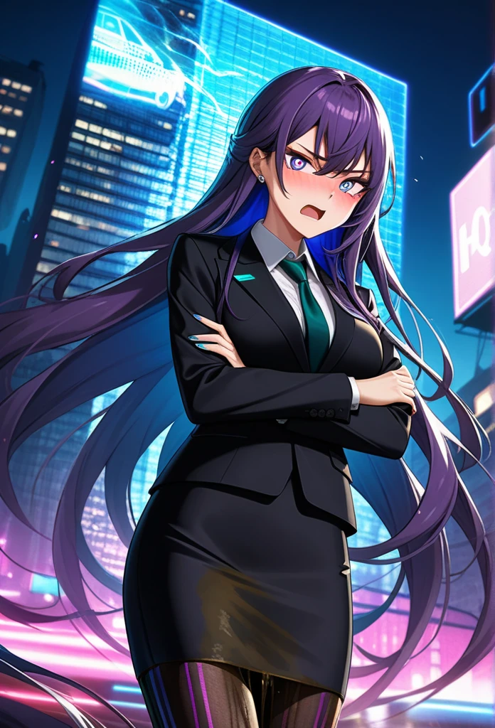 (high quality,Very detailed:1.37, High resolution), Woman, (very long hair:1.5), dark purple hair, purple eeyes, large breasts, (wetting herself:1.5), standing, business suit, necktie, (very long pencil skirt:1.5), pantyhose, (arms crossed:1.5), (embarrassed:1.5), (humiliation:1.5), (angry:1.25), (blushing:1.5), open mouth, Cyberpunk Style, Cyberpunk Cityscape, Neon Light, High-tech accessories, Meticulous details, (extremely detailed eys:1.37), Glowing LED pattern, Urban scenery, Futuristic elements, Mysterious Aura, ,Flying cars racing through the air, Holographic Advertising, Visually stunning architecture, Energetic and dynamic poses, Gives off a powerful aura, The cityscape reflected in her metallic eyes, Graceful movement amidst chaos, A moonlit sky with a futuristic hue, Pulsating Electronic Soundtrack, Enhanced Augmented Reality Overlays, Interacting with virtual objects in the environment