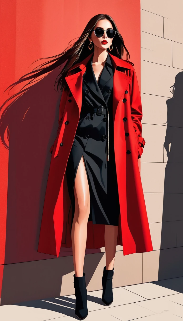 Ilustração vetorial simples，Linda garota em pé contra a parede，Unique，confiança，cabelo longo e liso，oculos de sol，Brincos exagerados，Unique，Olhando para o público），（Trench coat preto com V profundo：1.37，Saia vermelha）。olhando de baixo para cima，Luz e sombra geométricas，Fundo vermelho limpo e simples