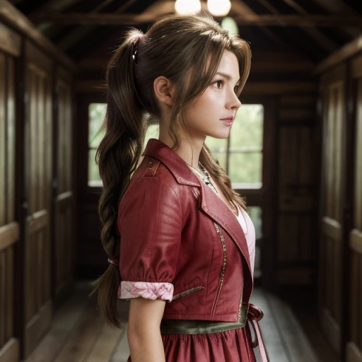 Ultra-high resolution, (masterpiece, Highest quality), Aerith Gainsborough, (One beautiful girl, alone:1.1), (hair, long hair, brown hair, dutch hair, Single Ponytail, Braidinged ponytail, bow, ribbon, hair bow, ponytail ribbon, big ribbon), (eye, (Big eye:1.2), green eye), jewelry, necklace, (chest, Natural chest,( Big chest:1.2)), Braiding,Inside a dark wooden hut、 bracelet, (Jacket, Red Jacket, Open Jacket, Short sleeve, cropped Jacket), (dress, Long dress, Pink dress, Vnack), Written boundary depth,  Realistic, nose, (shot, full-body shot, cowboy shot), Looking to the side、His hands are tied tightly behind his back、Angry face、