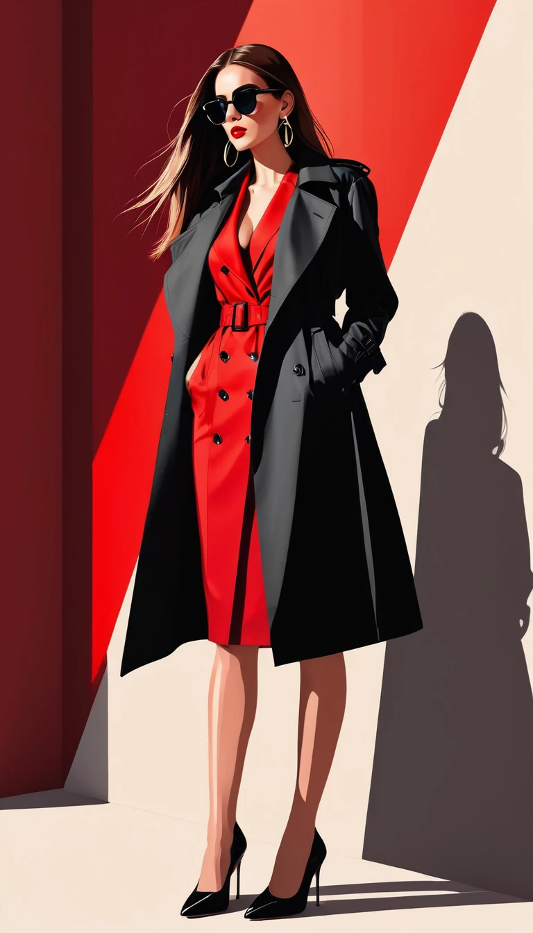 Einfache Vektorillustration，Schönes Mädchen steht an der Wand，einzigartig，Vertrauen，langes, glattes Haar，Sonnenbrille，Übertriebene Ohrringe，einzigartig，Das Publikum anstarren），（Schwarzer Trenchcoat mit tiefem V-Ausschnitt：1.37，Roter Rock mit Unterteil）。Blick von unten nach oben，Geometrisches Licht und Schatten，Sauberer und einfacher roter Hintergrund