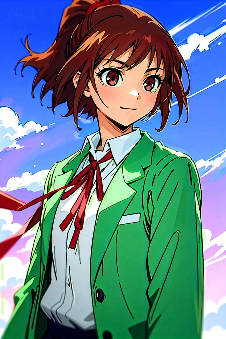 (masterpiece, best quality:1.2), samidare asahina, 1girl, brown eyes, brown hair, jacket, long sleeves, neck ribbon, red sky, dawn, ponytail, red ribbon, ribbon, rose garden, shirt, short hair, solo, white shirt, (anime, high details, super detail:1.55)